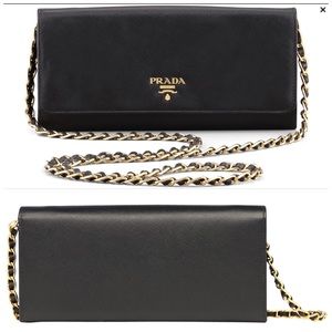 Prada saffiano wallet on chain + box, card,cloth
